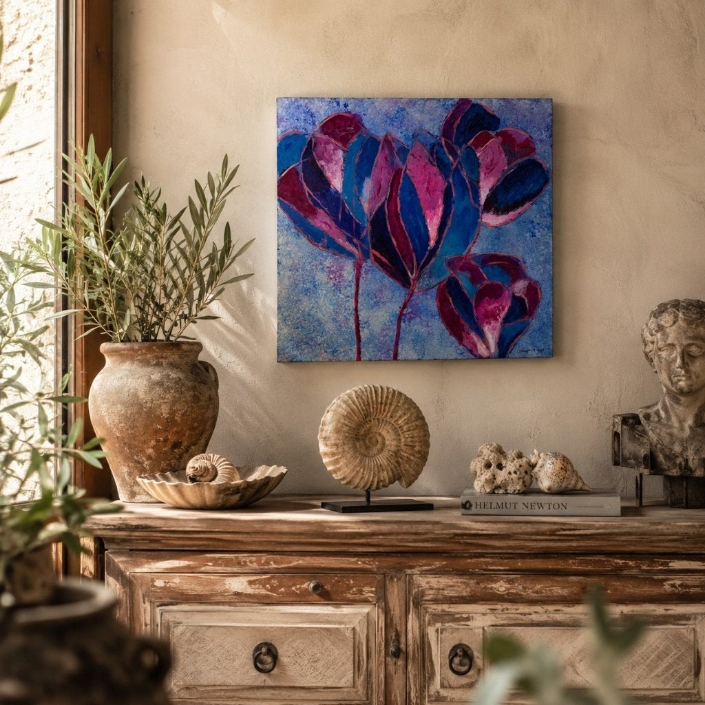 Kleurrijk abstract bloemenschilderij – 50 50 cm, Antiek en Kunst, Ophalen of Verzenden