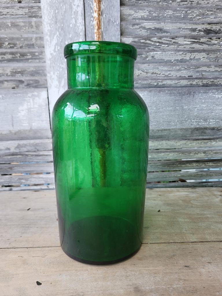 Groene brocante glazen vaas / pot  / allegonda, Antiek en Kunst, Curiosa en Brocante, Ophalen of Verzenden