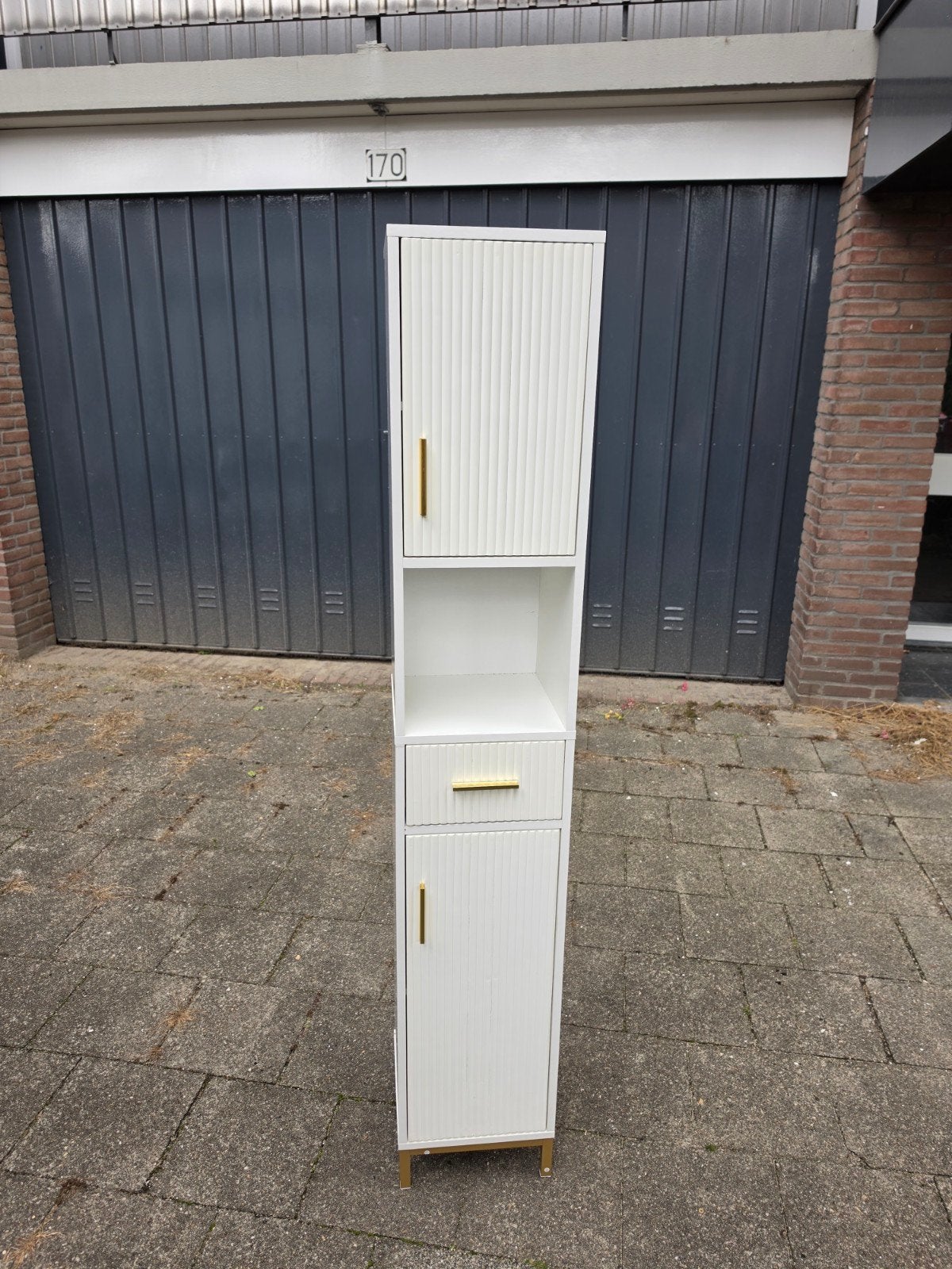 Stijlvolle kolomkast voor badkamer - Wit met goud, Huis en Inrichting, Ophalen, (Half)hoge kast, Zo goed als nieuw, Minder dan 100 cm