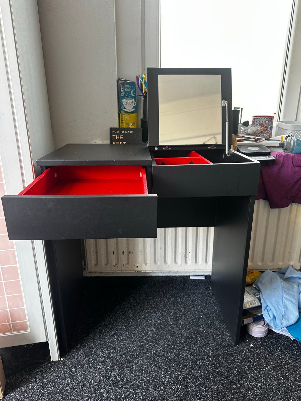 Zwart kaptafeltje met spiegel en lade (70x42x77 cm), Huis en Inrichting, Ophalen, Gebruikt, 50 tot 100 cm, Minder dan 100 cm