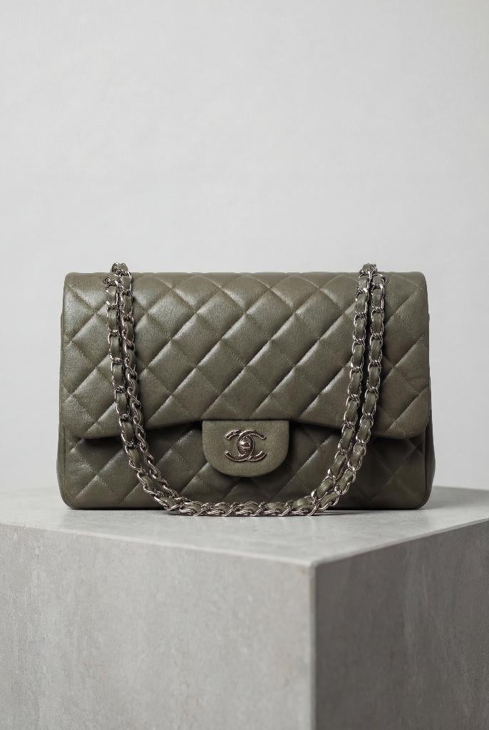 Chanel Classic Flap Jumbo Groen Caviar Leer — Designer Tas, Verzenden, Zo goed als nieuw, Groen, Schoudertasje