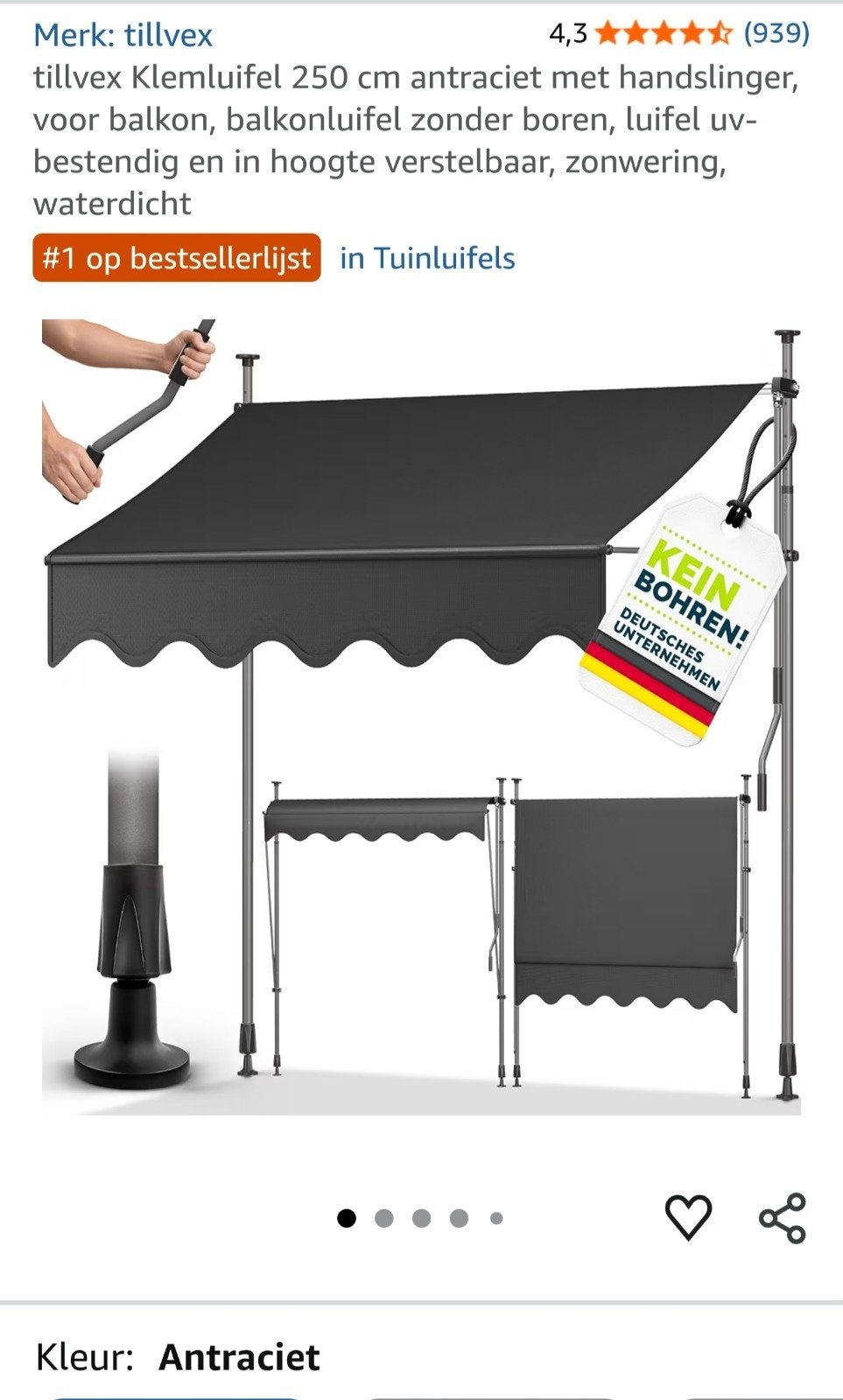 NIEUW. Balkon klem-luifel. Breedte 250 cm. Nieuwprijs 105,00, Ophalen of Verzenden, Nieuw, Overige typen