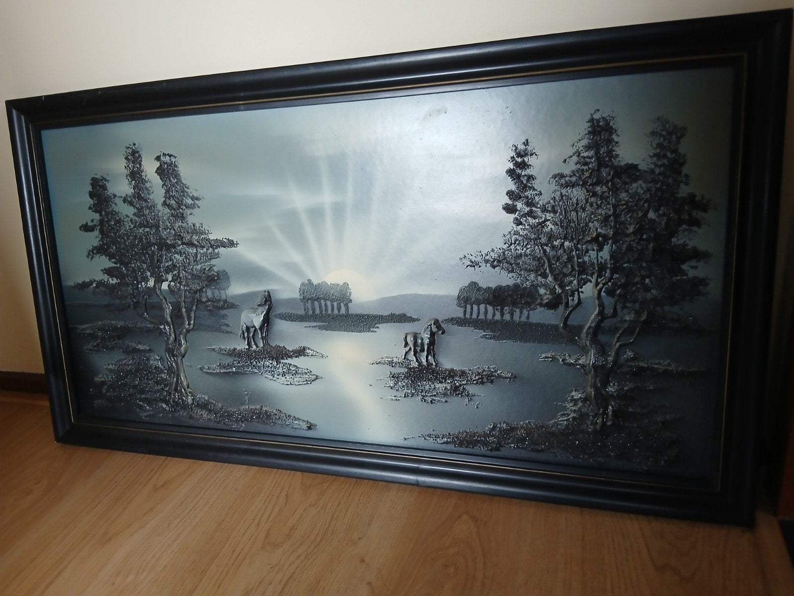 Uniek 3D-schilderij met paarden in landschap, Antiek en Kunst, Ophalen of Verzenden, Landschap