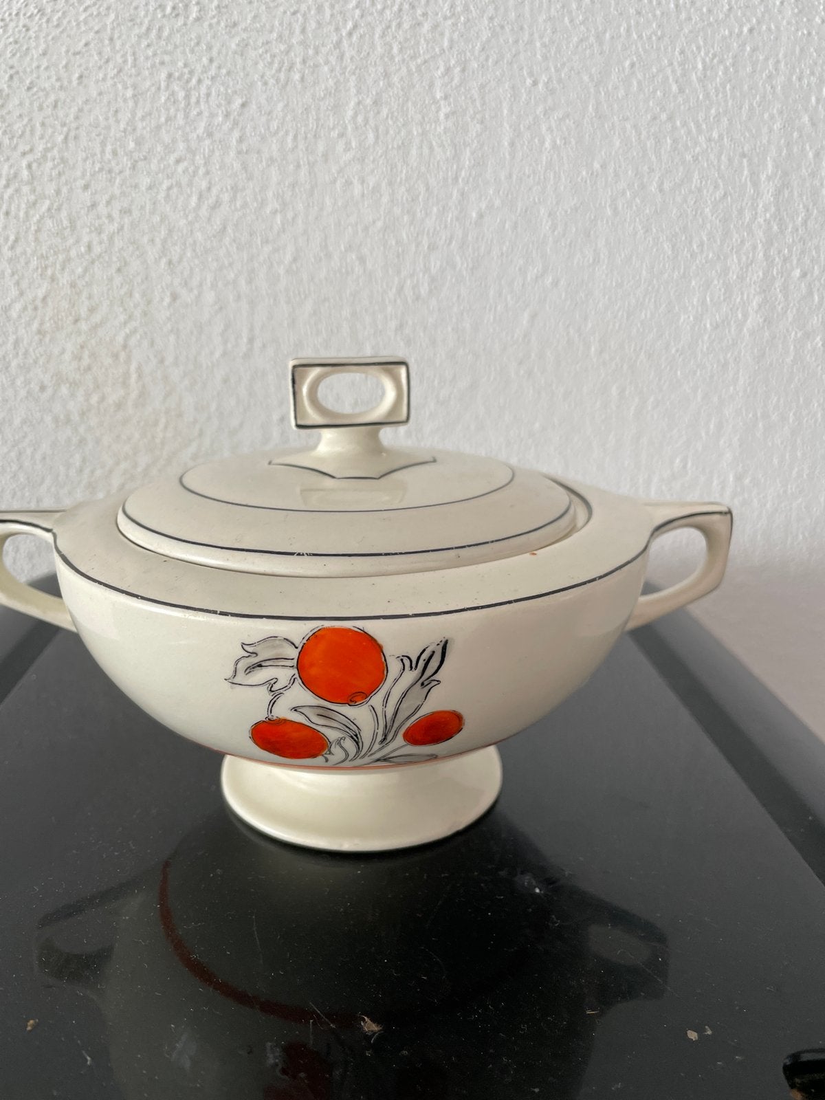 Vintage suikerpot met oranje bloemmotief, Ophalen of Verzenden