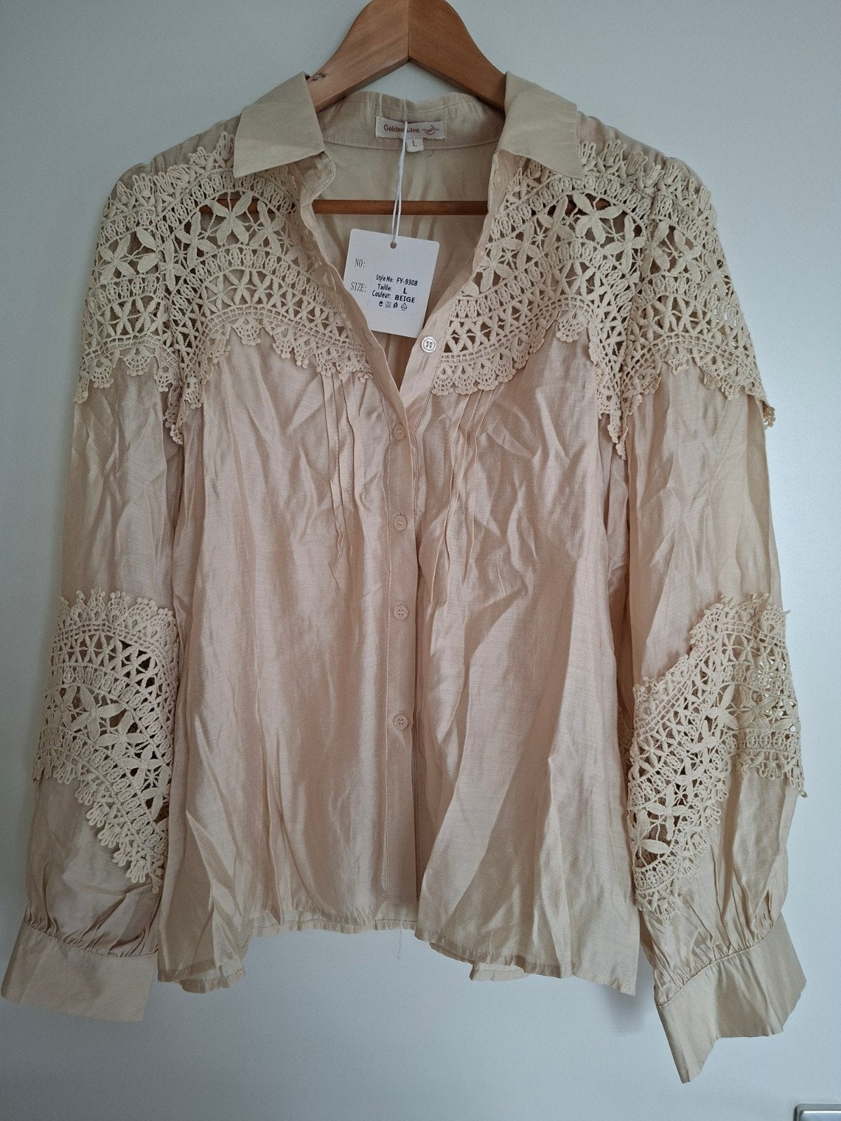 Nieuwe opengewerkte blouse Golden Live Paris mt L, Golden Live Paris, Beige, Maat 42/44 (L), Nieuw