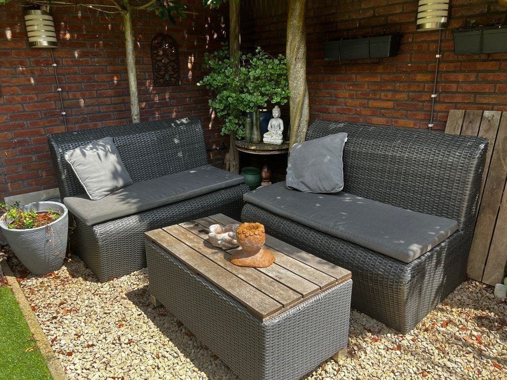Luxe wicker tuinset / loungeset – hoekbank + tafel –compleet, Ophalen, 4 zitplaatsen, Gebruikt, Bank