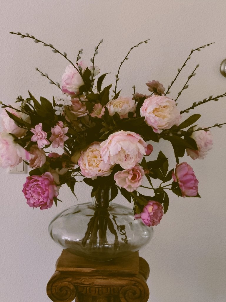 XXL boeket van kunstbloemen Pioenen in glazen vaas, Ophalen, Binnen, Gebruikt, Overige materialen