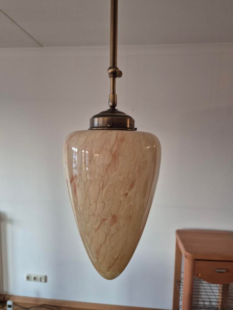 3x Art Deco Hanglamp met Gemarmerde Mondgeblazen Kap, Ophalen