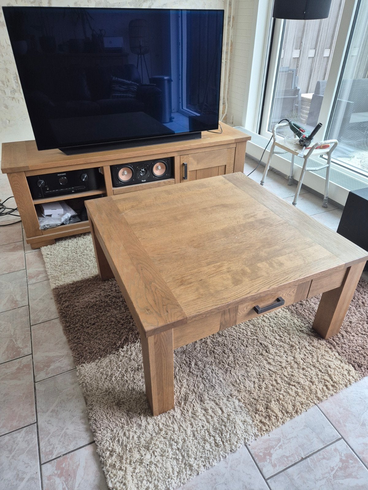 Massief eikenhouten salontafel met lade, Ophalen, Modern, Robuust, 50 tot 100 cm, 50 tot 100 cm
