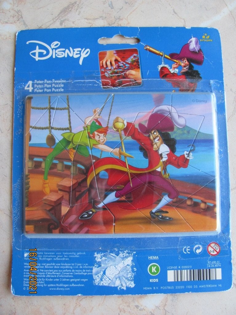NIEUW verpakking Hema DISNEY 4x kleine PUZZEL Peter Pan Haak, Ophalen of Verzenden, 10 tot 50 stukjes, Nieuw, 4 tot 6 jaar