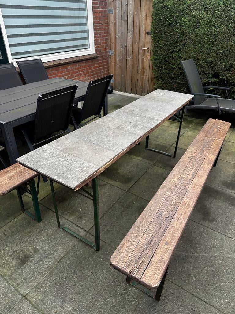 Inklapbare houten tafel en banken, Ophalen, Gebruikt, Inklapbaar, Rechthoekig