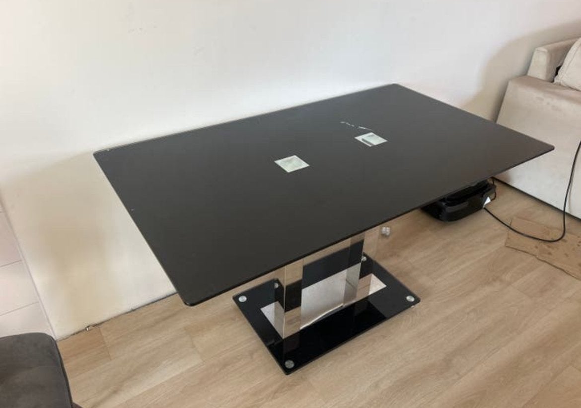 Eettafel glazen blad en 5 eettafelstoelen, Ophalen, Gebruikt, 100 tot 150 cm, 50 tot 100 cm