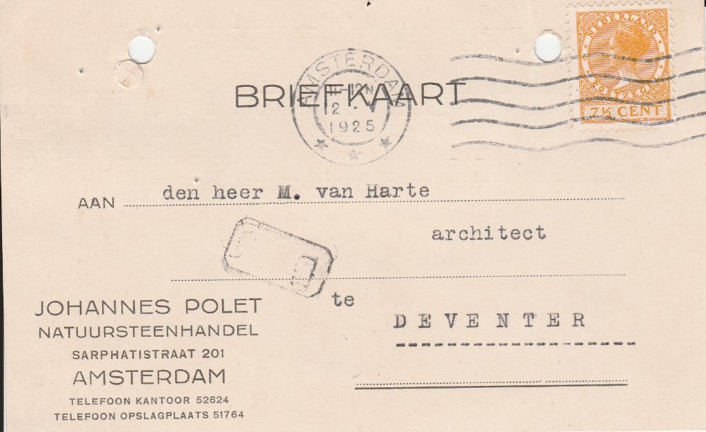 AMSTERDAM 1925 Johannes POLET Natuursteenhandel Sarphatistr, Verzamelen, Ansichtkaarten | Nederland, Ophalen of Verzenden, 1920 tot 1940