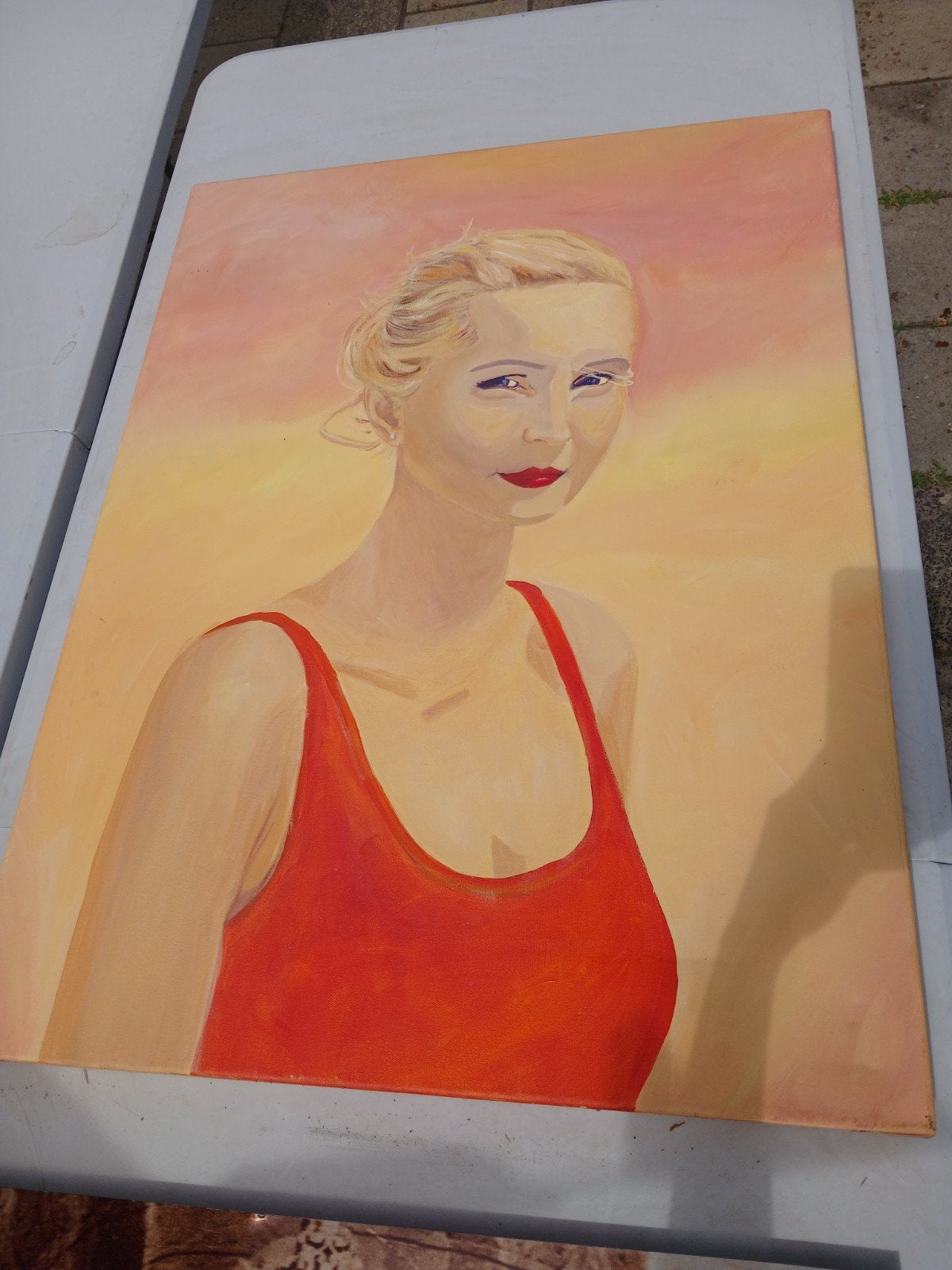 Schilderij: Vrouw in Rood Badpak, Antiek en Kunst, Ophalen, Acrylverf, Ophangklaar, Portret
