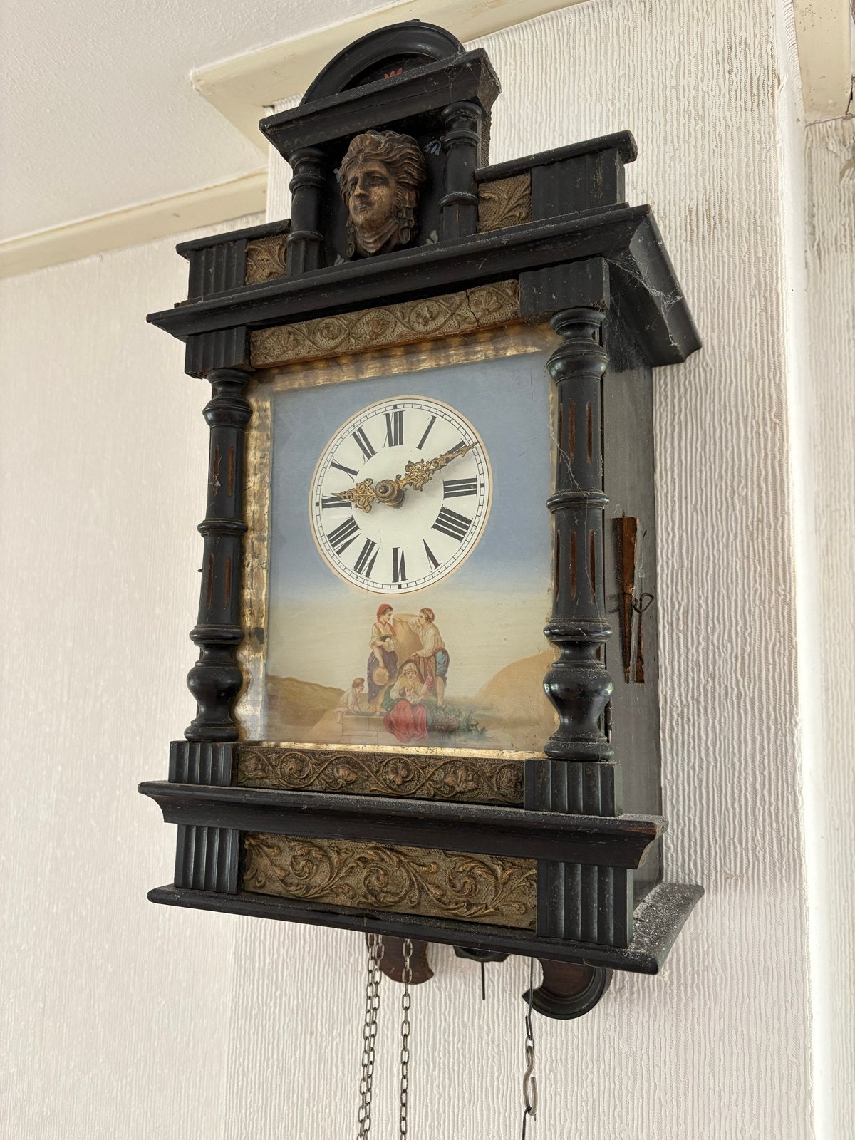 Antieke Zwartewoud schilderijklok met klassieke afbeelding, Antiek en Kunst, Antiek | Klokken, Ophalen