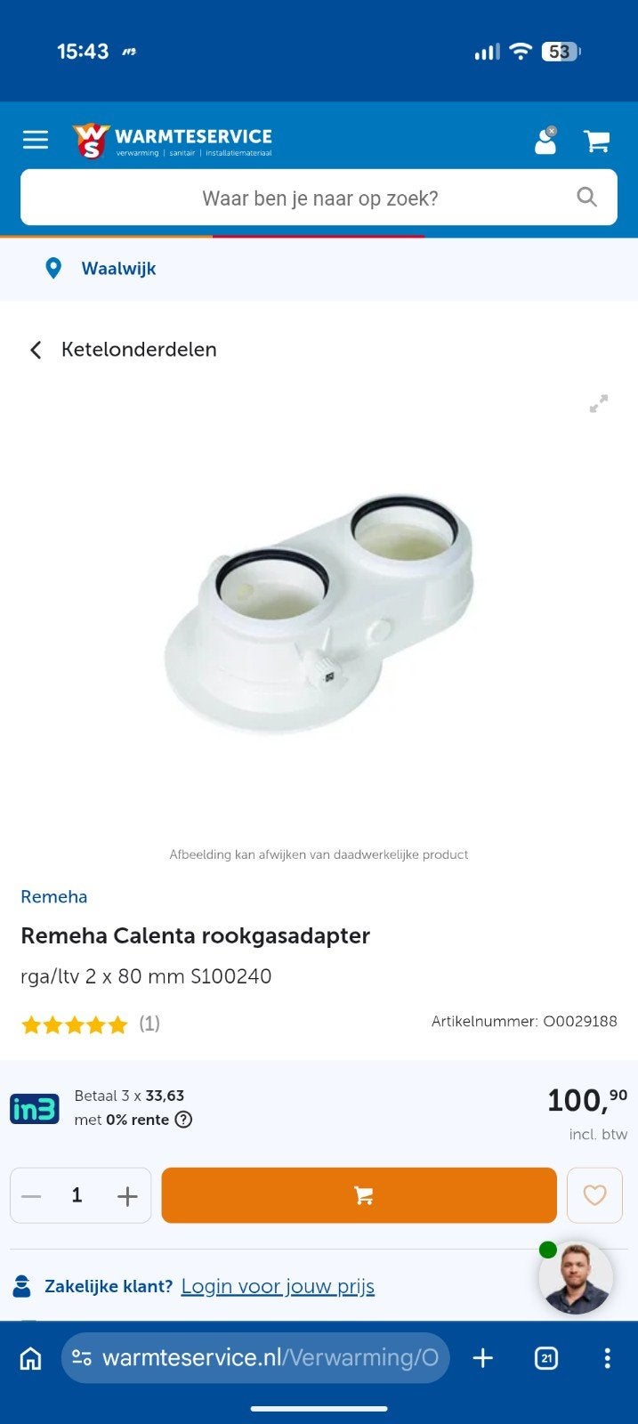 Remeha Calenta rookgasadapter rga/ltv 2 x 80 mm S100240, 30 tot 80 cm, Overige typen, Minder dan 60 cm, Ophalen of Verzenden