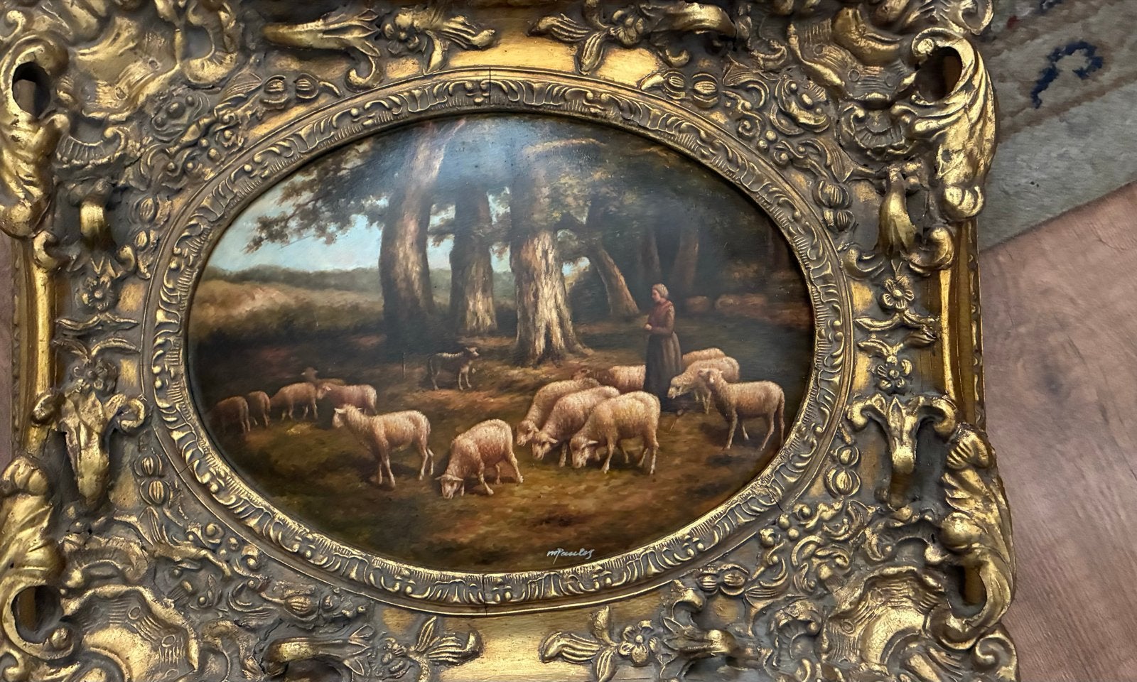Antieke olieverfschilderij (m.pauly) in baroklijst, Antiek en Kunst, Ophalen, Paneel, Dieren, Gesigneerd