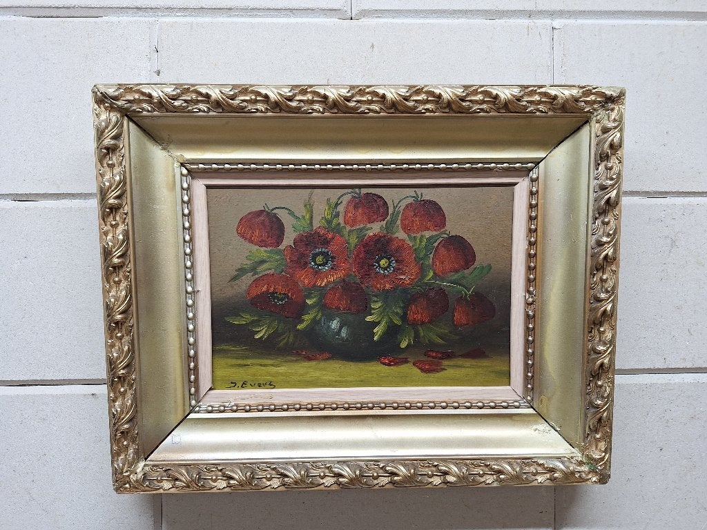 Schilderij met klaprozen in vaas, gesigneerd S. Everts, Antiek en Kunst, Kunst | Schilderijen | Klassiek, Bloemen, Doek, Realistisch