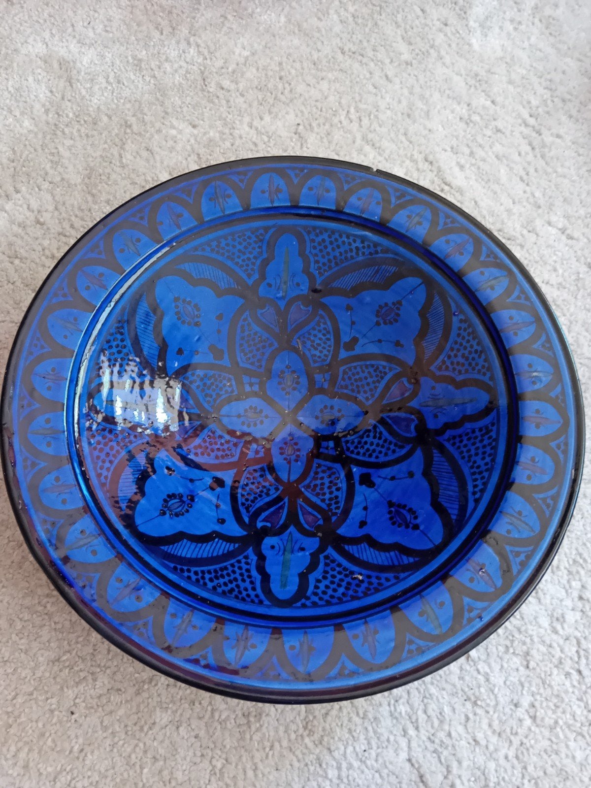 Marokkaanse keramische schaal, handgeschilderd, blauw 40 cm, Ophalen, Gebruikt, Rond