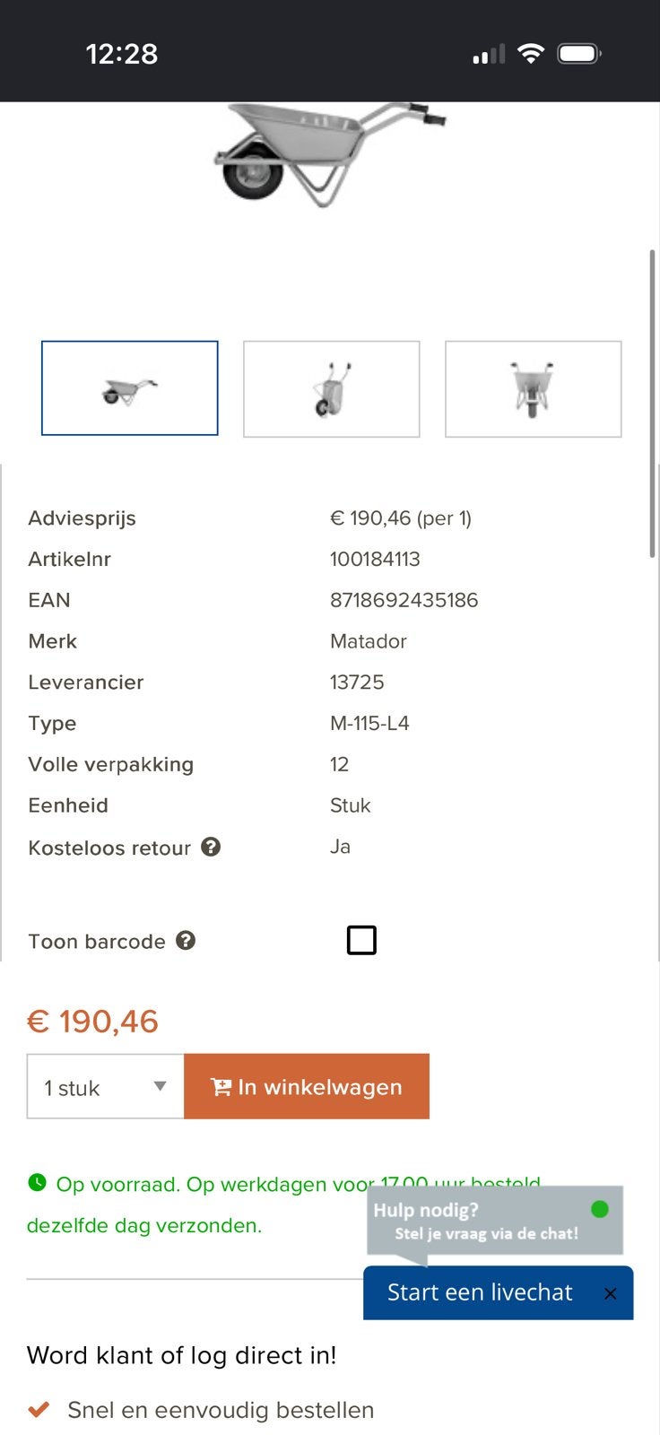 Matador kruiwagen M-115-L4 - Goede staat, Ophalen of Verzenden, Gebruikt, Handmatig, Eenwielig