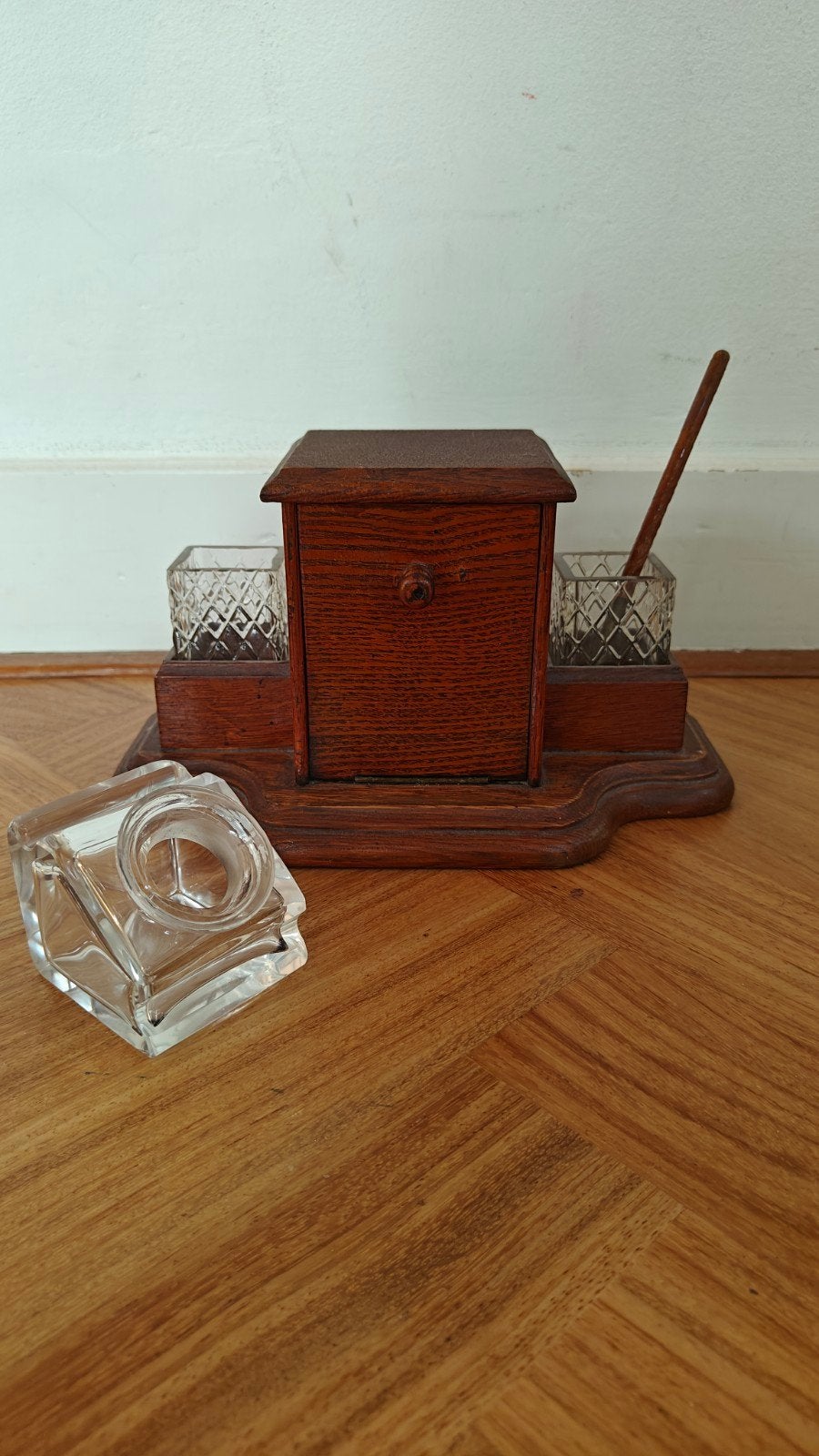 Antiek eikenhouten inktstel met glazen inktpotten, Antiek en Kunst, Ophalen of Verzenden