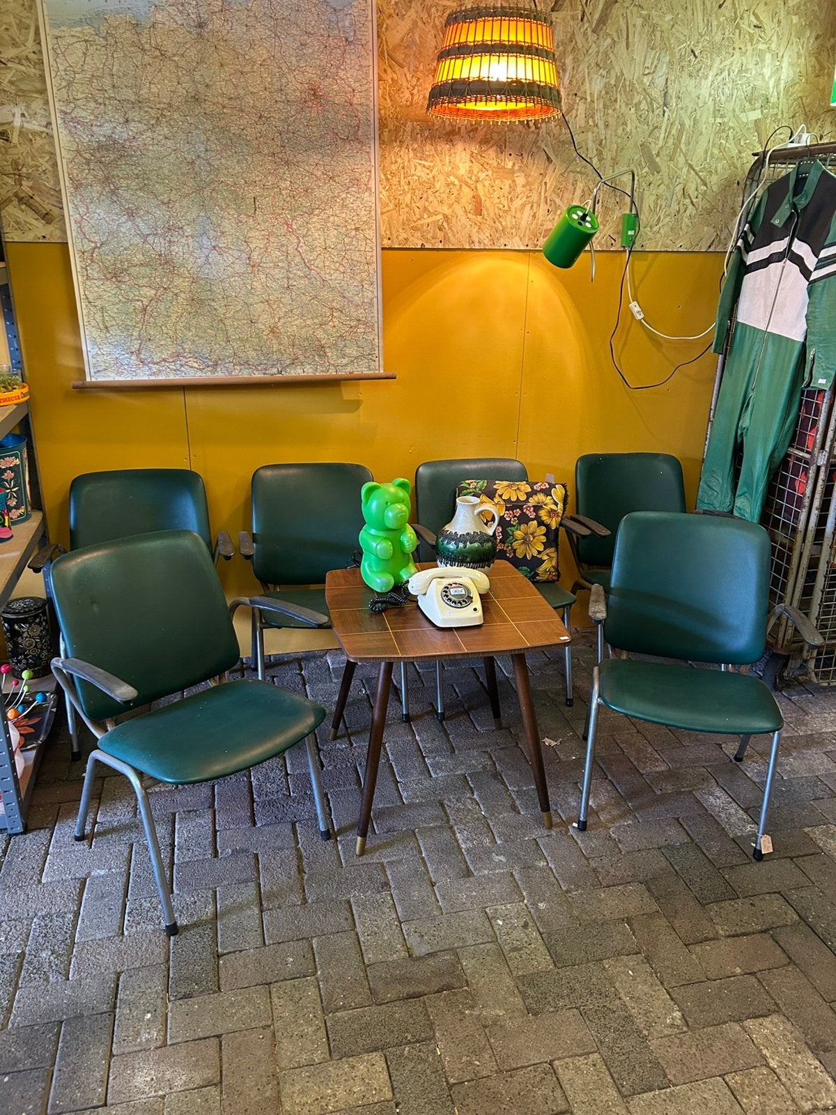 Set vintage/ industriële buisframe groene stoelen, 6 stuks, Ophalen, Huis en Inrichting