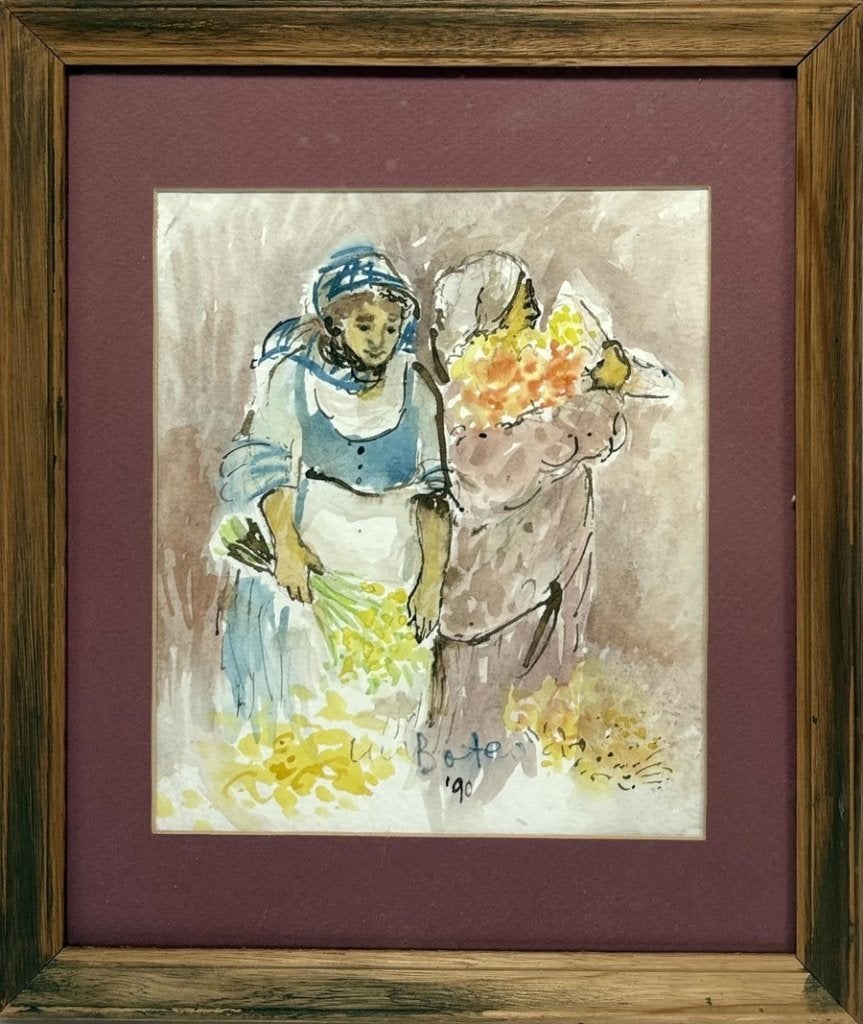 947. Aquarel – twee bloemenverkoopsters, 1990, Antiek en Kunst, Ophalen of Verzenden, Aquarel, Portret of Personen