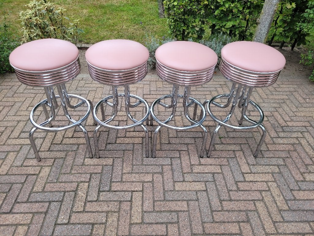 4 roze Amerikaanse Bel Air barkrukken retro fifties sixties, Huis en Inrichting, Ophalen, 60 tot 90 cm, Met voetsteun, Zo goed als nieuw