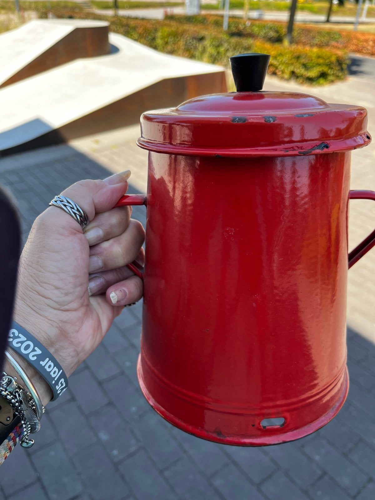 Vintage rode emaille koffiekan met deksel, Ophalen of Verzenden