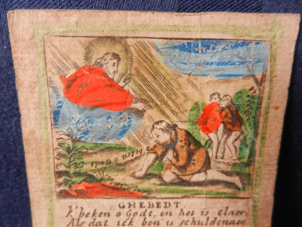 Gebedsprentje gravure handgekleurd ca 1750 hxb 9,5 x 6,7 cm, Antiek en Kunst, 10 cm, 7 cm, Religie, Ophalen of Verzenden