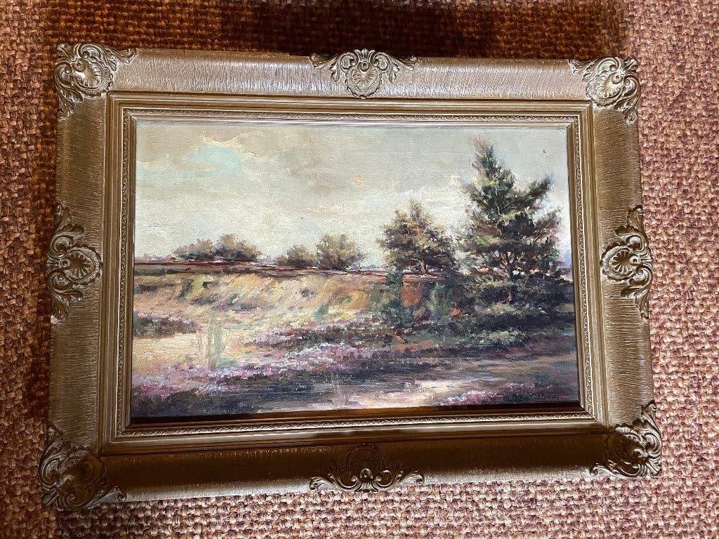 Schilderij van C. Booy - Landschap met heide en bomen, Ophalen, Doek, Realistisch, Olieverf