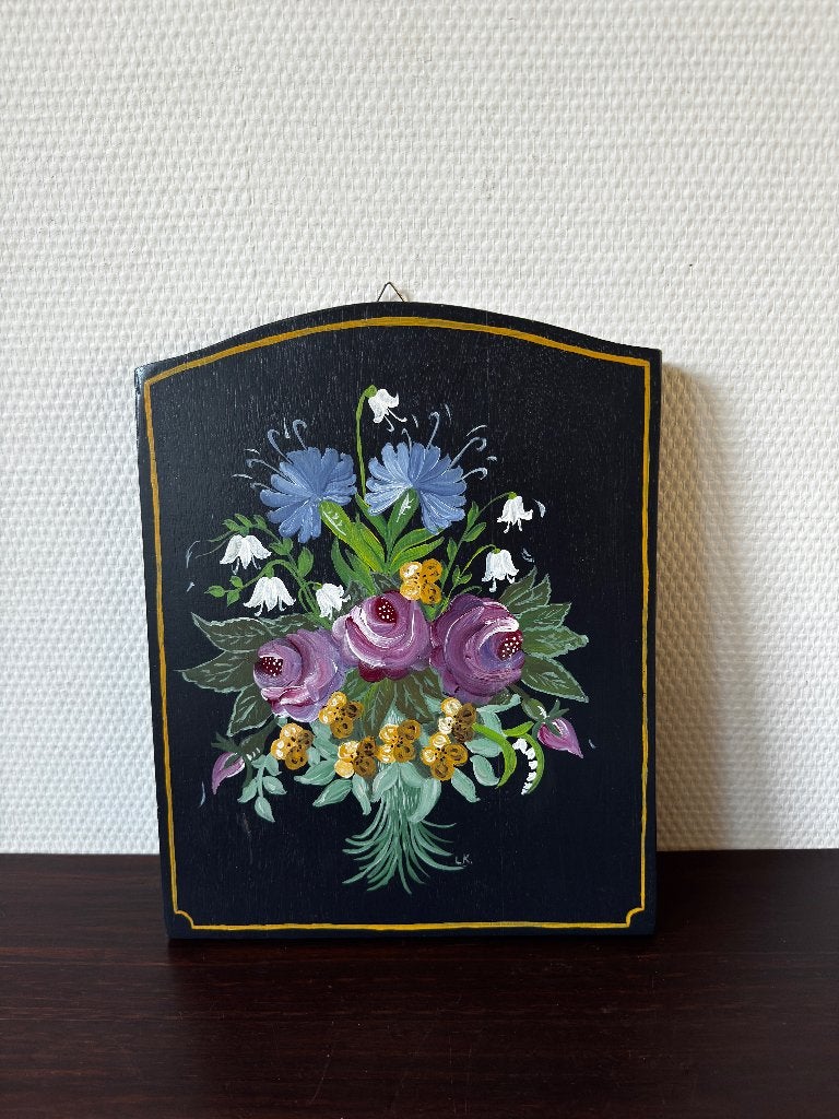 Vintage Beschilderd Zwart Paneel met Bloemen Decor, Ophalen of Verzenden, Stilleven, Paneel