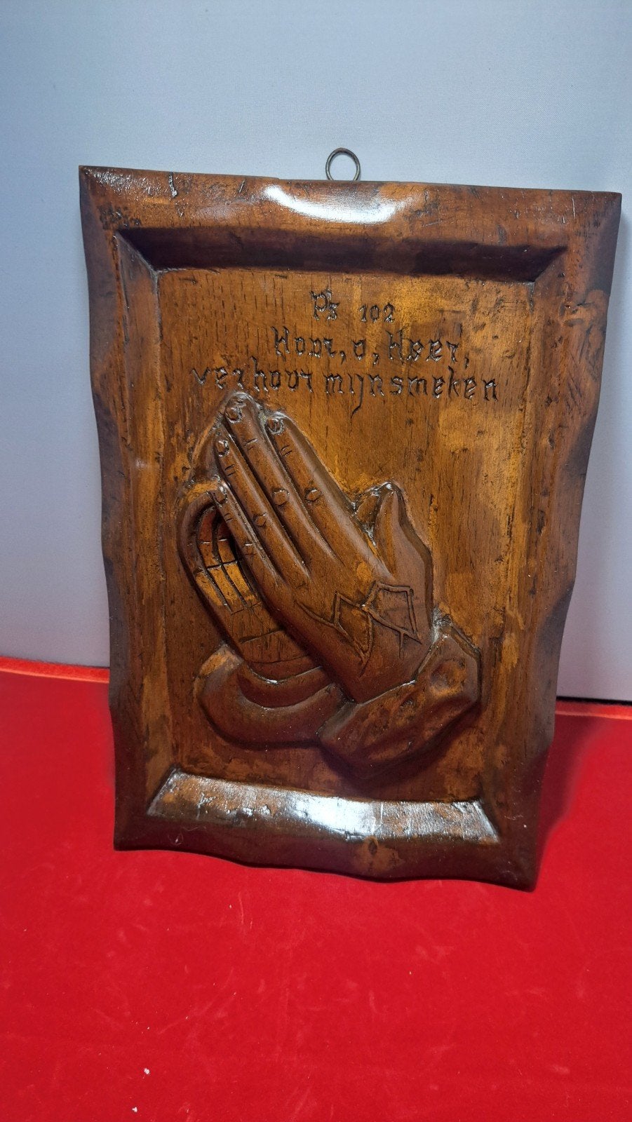 Antiek Houten Wandpaneel met Biddende Handen en Psalm, Ophalen of Verzenden