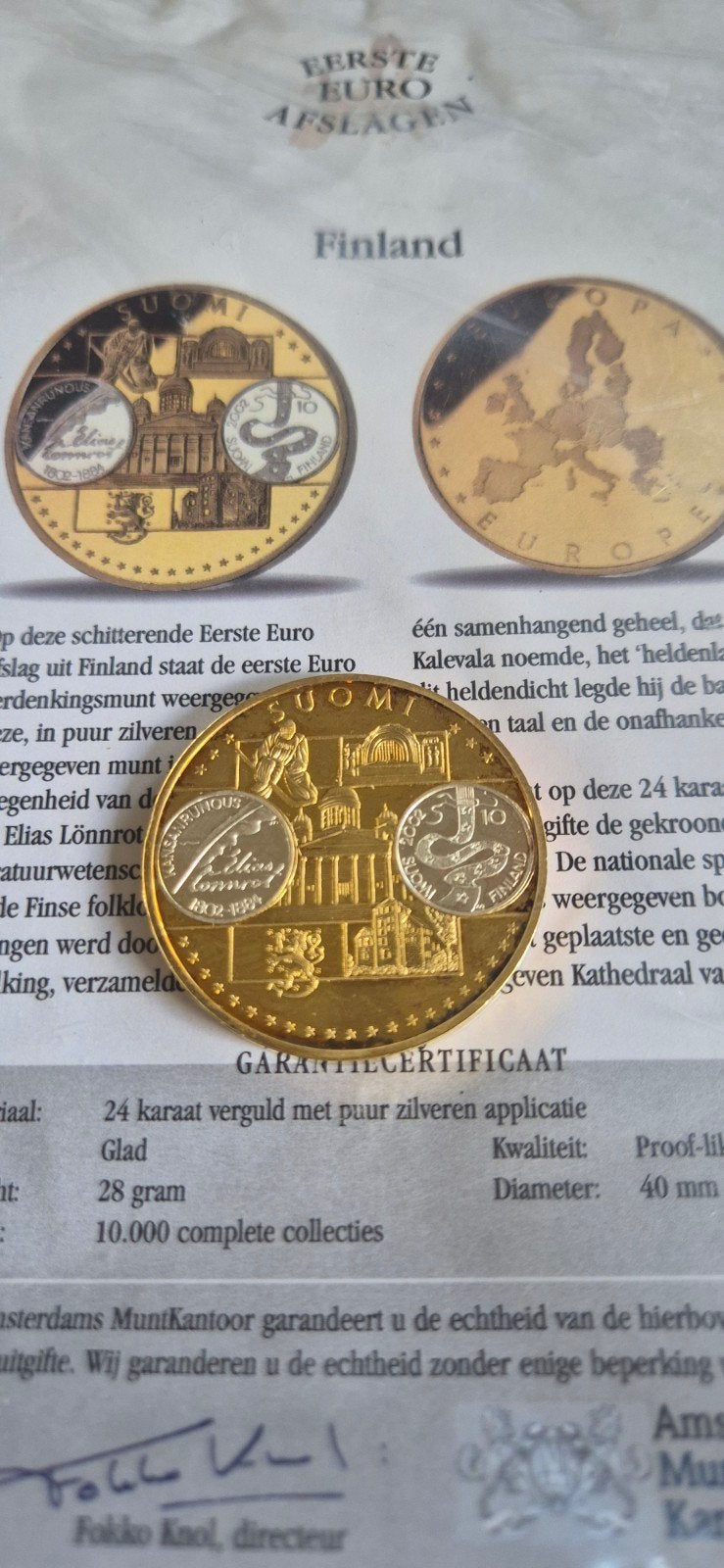 Eerste Euro Afslag Finland Suomi - 24K Verguld met Zilver, Postzegels en Munten, Ophalen of Verzenden, Finland, Overige waardes