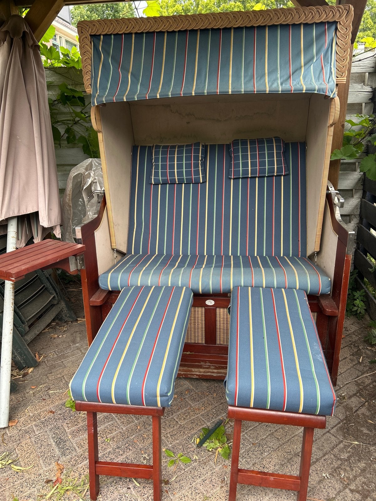 Strandstoel/Strandkorf met uitschuifbare voetenbanken, Gebruikt, Loungeset, Stoel, Hout