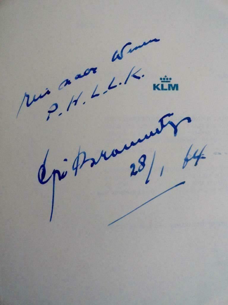 Gre Brouwenstijn origineel KLM menu 1964 met handtekening, Gebruikt, Ducoso, Ophalen of Verzenden, Foto of Kaart