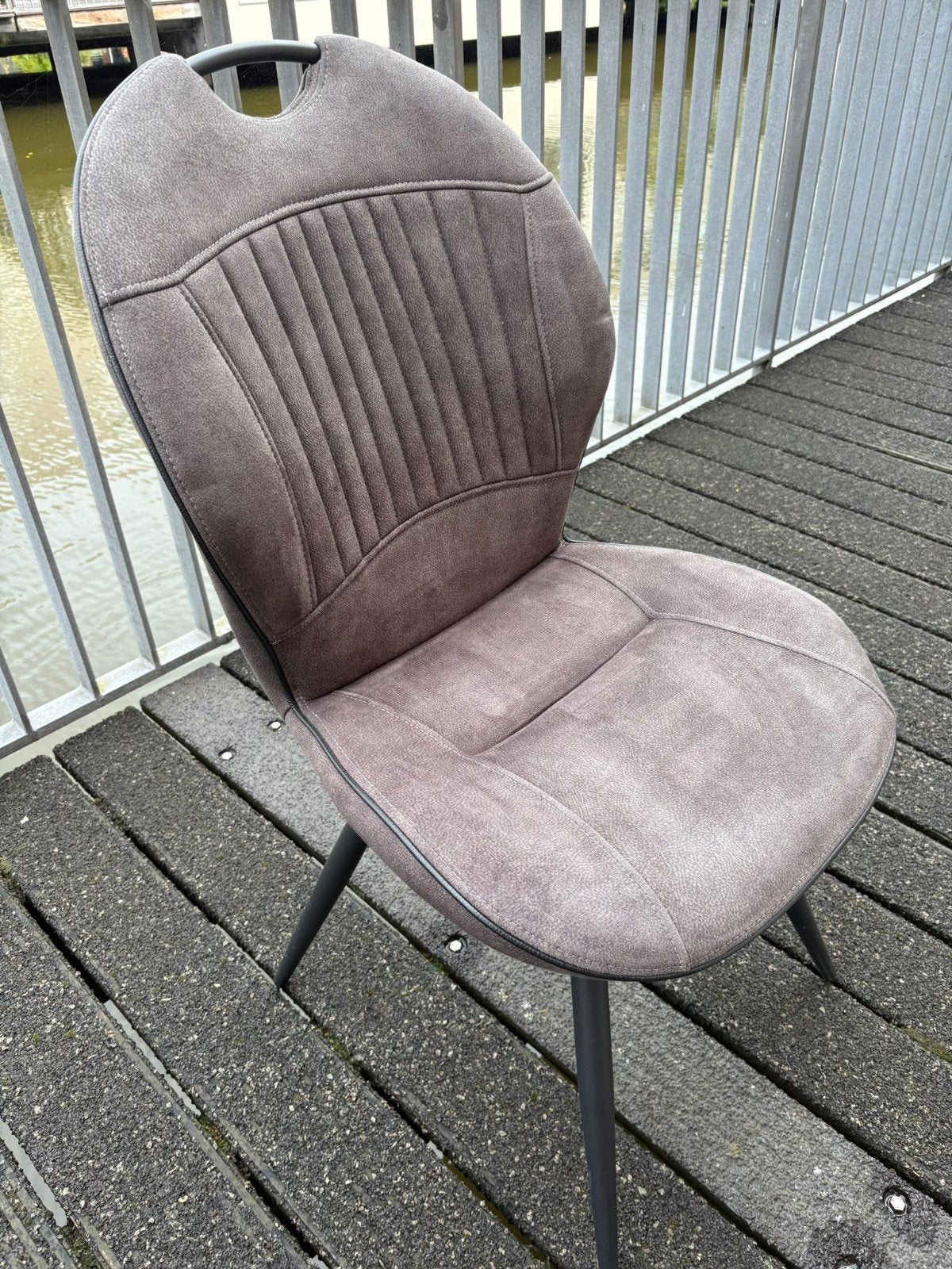 Nette bruin/grijze lederen eetkamerstoelen, Ophalen, Gebruikt, Twee, Bruin