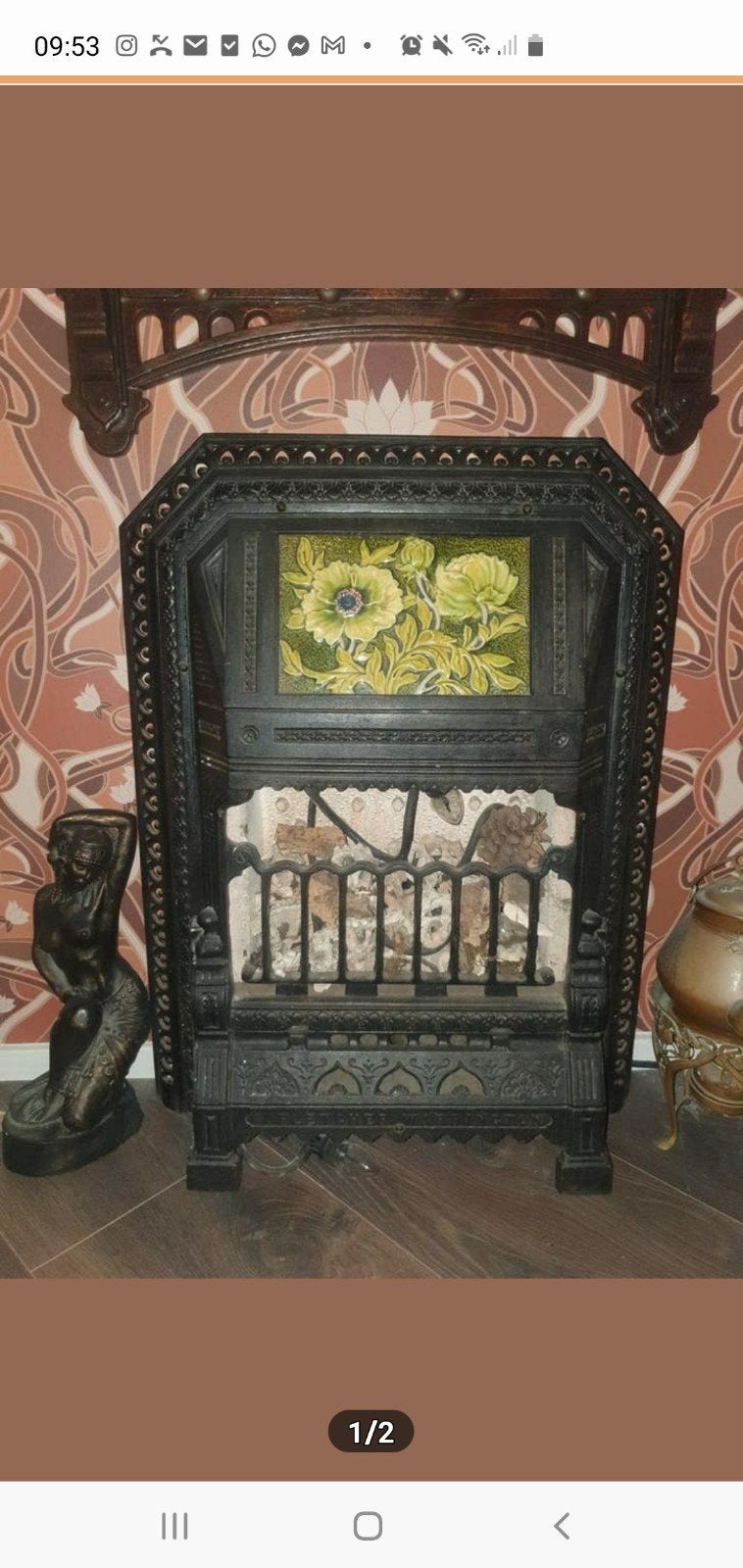 Antiek Art nouveau Jugendstil sierhaard kachel gietijzeren, Huis en Inrichting, Kachels, Ophalen, Gebruikt, Hout, Houtkachel