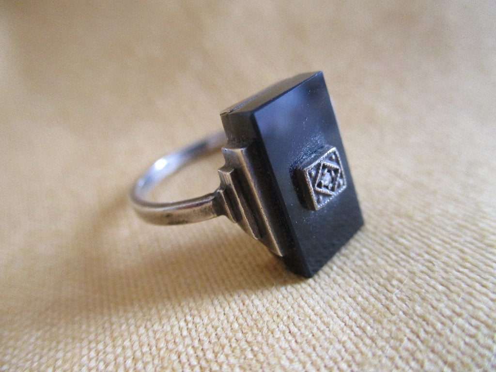 ART DECO Zilveren ring met onyx, Antiek en Kunst, Ophalen of Verzenden, Zilver
