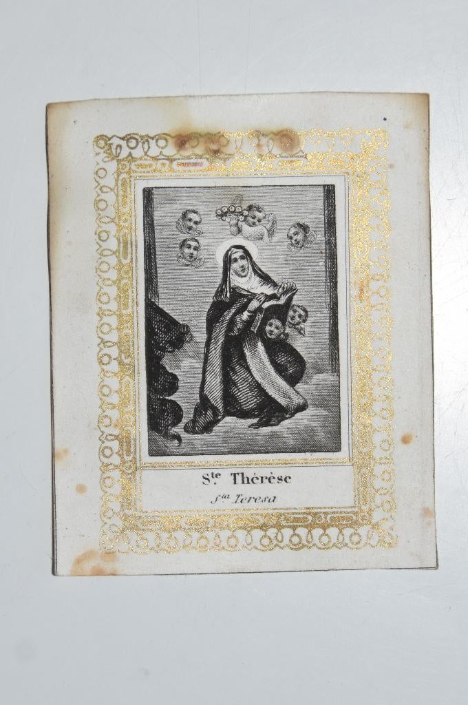 Antiek bidprentje St Thérèse van Liseux met engeltjes, Verzenden, Bidprentje