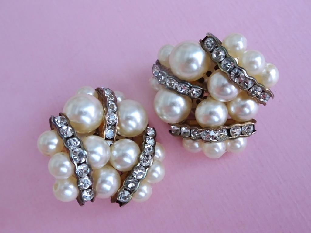 jwg Grote vintage 80s parel strass stenen oorbellen clips, Sieraden, Tassen en Uiterlijk, Antieke sieraden, Oorbellen, Overige materialen