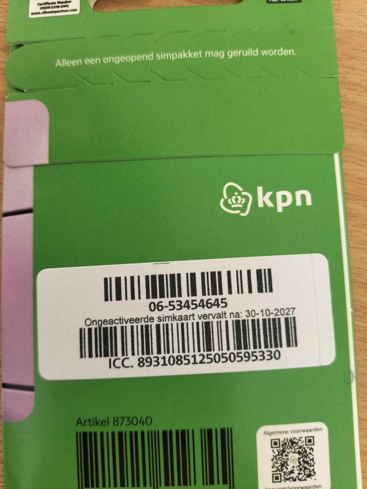 KPN Ongeactiveerde Simkaart - Geldig 30-10-2027 - 0653454645, Ophalen, Nieuw, KPN, Simkaart