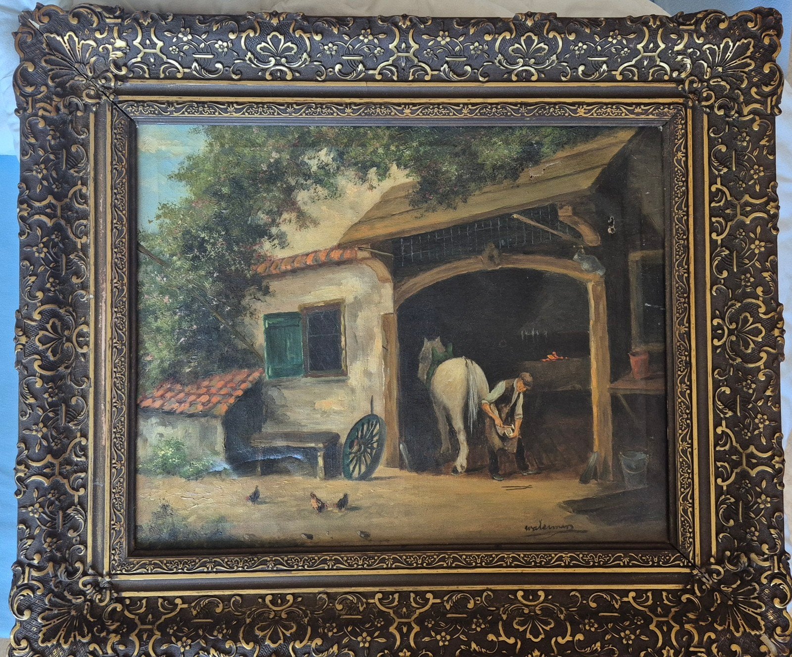 Klassiek schilderij hoefsmid met paard - beschadigd, Ophalen