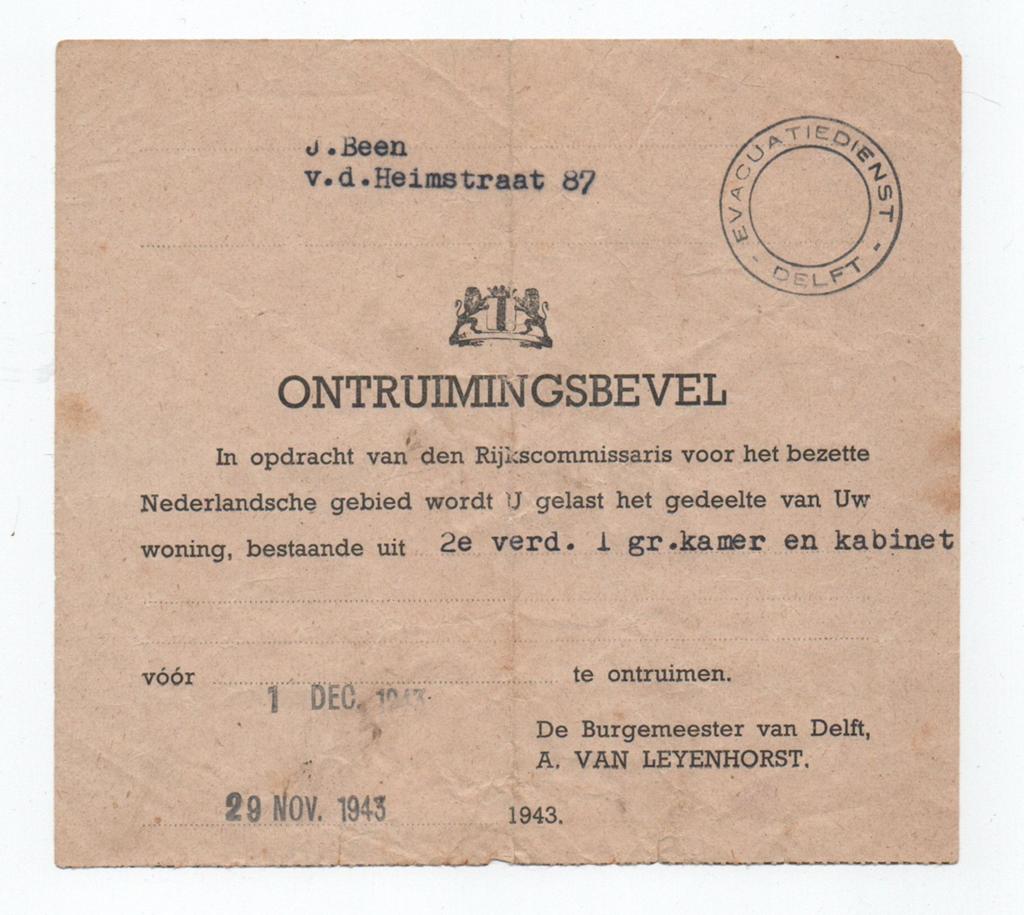Ontruimingsbevel Delft 1943 en 1945, Verzamelen, Militaria | Tweede Wereldoorlog, Ophalen of Verzenden, Overige soorten, Nederland