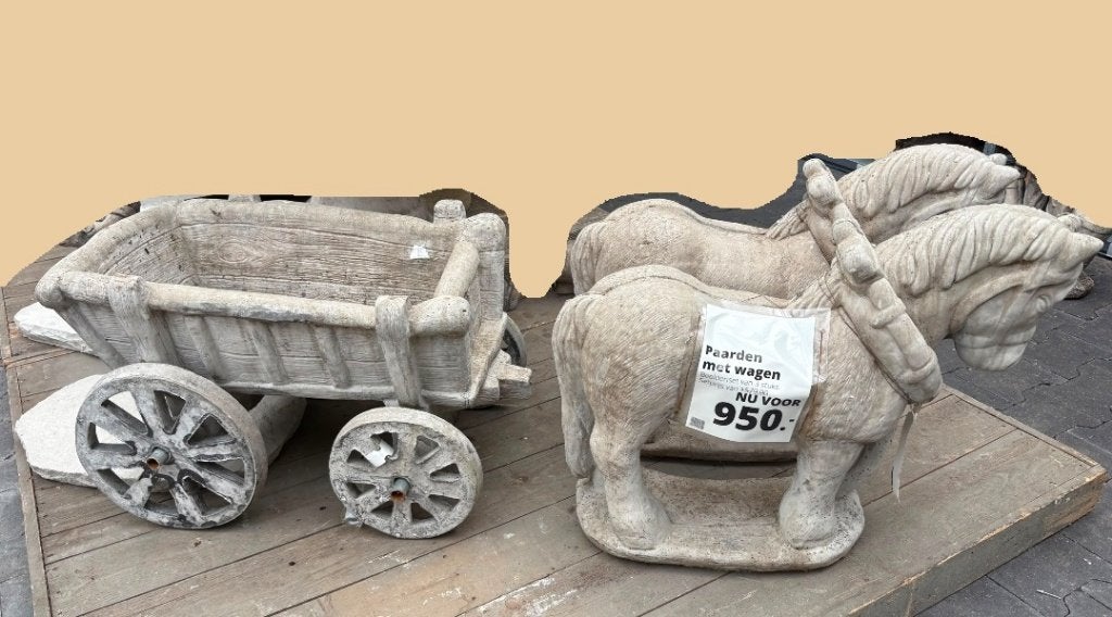 Tuinbeeld beeldenset paarden met wagen, Ophalen, Nieuw, Beton, Dierenbeeld