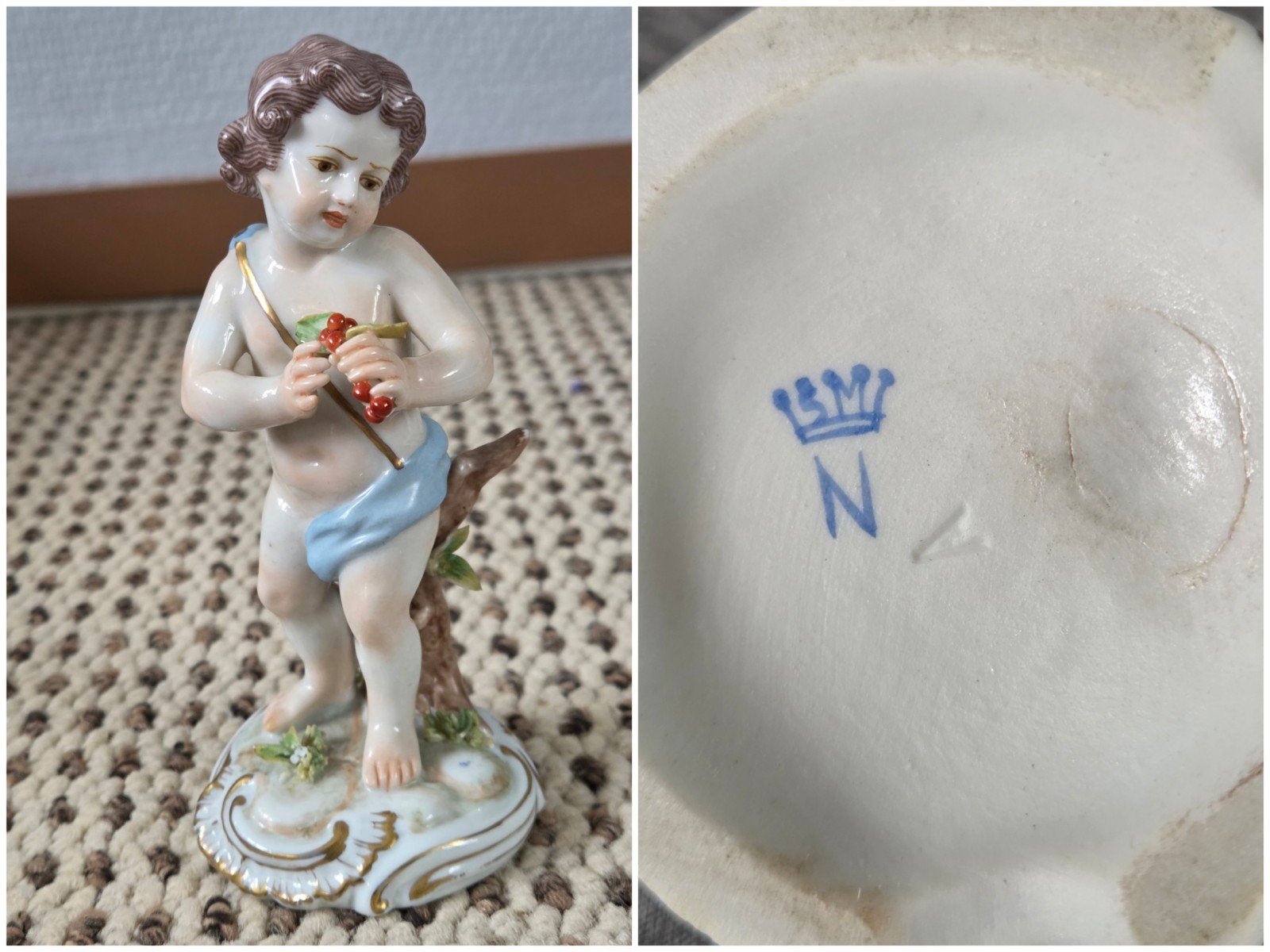 Antiek Porseleinen Cherubijn Beeldje - Gemerkt N met Kroon, Ophalen of Verzenden