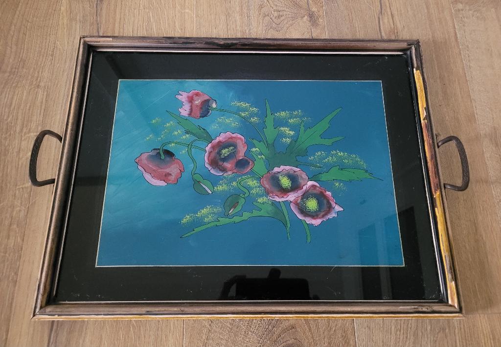 Art Nouveau dienblad met achterglas Schildering bloemen, Antiek en Kunst, Antiek | Woonaccessoires, Ophalen of Verzenden