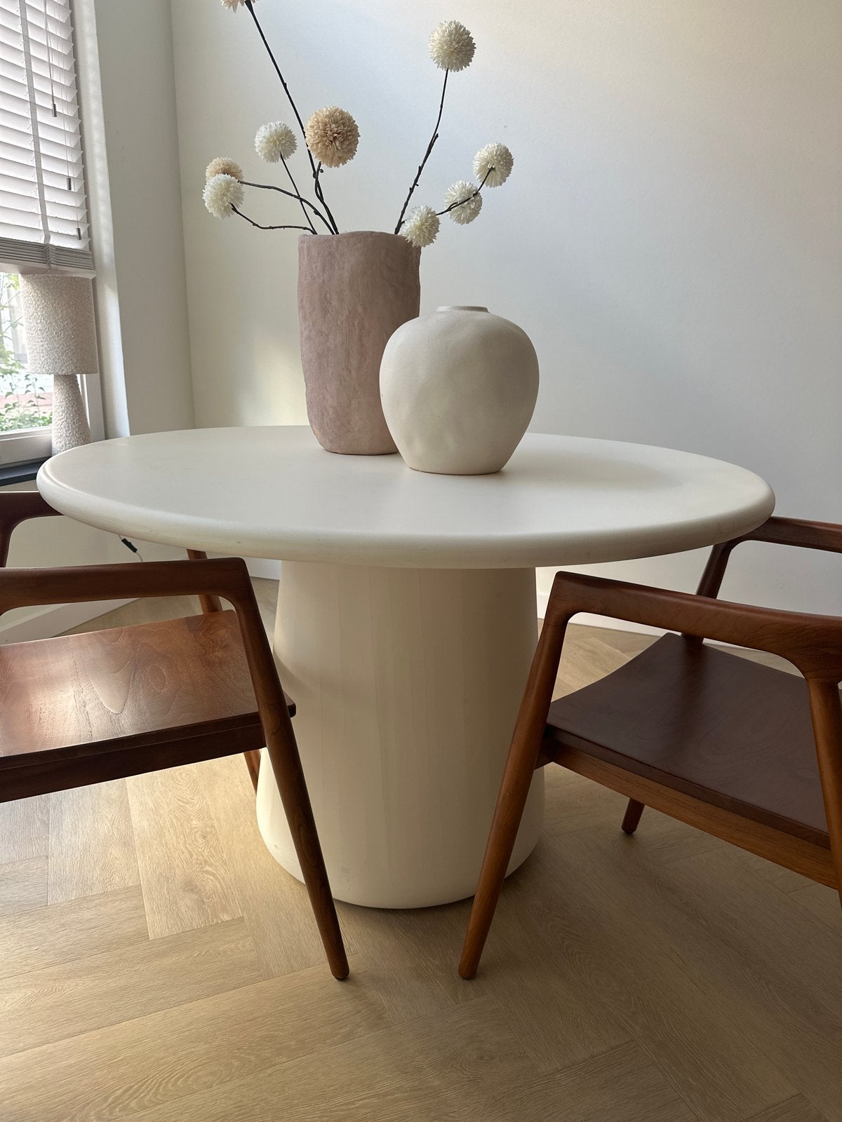 Witte/beige ronde eettafel, Ophalen, Gebruikt, 100 tot 150 cm, Rond