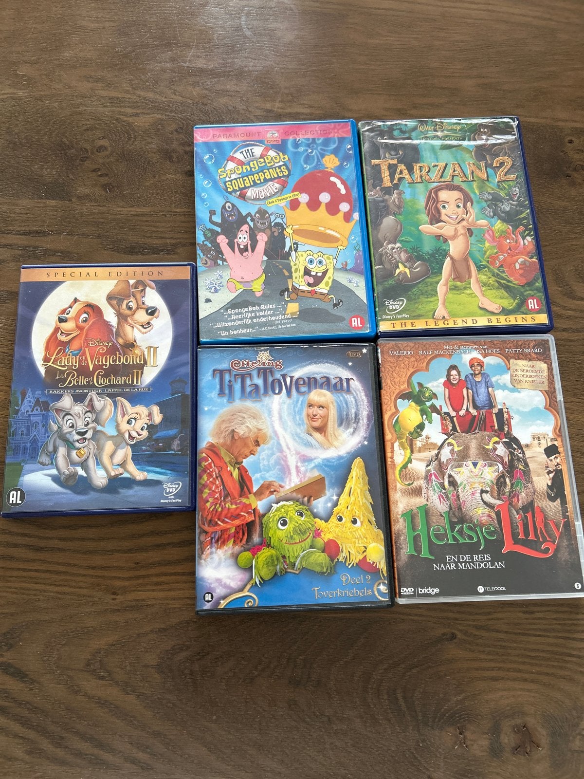 5x DVD kinderfilms: SpongeBob, Tarzan, Lady en de Vagebond, Avontuur, Gebruikt, Alle leeftijden, Ophalen of Verzenden