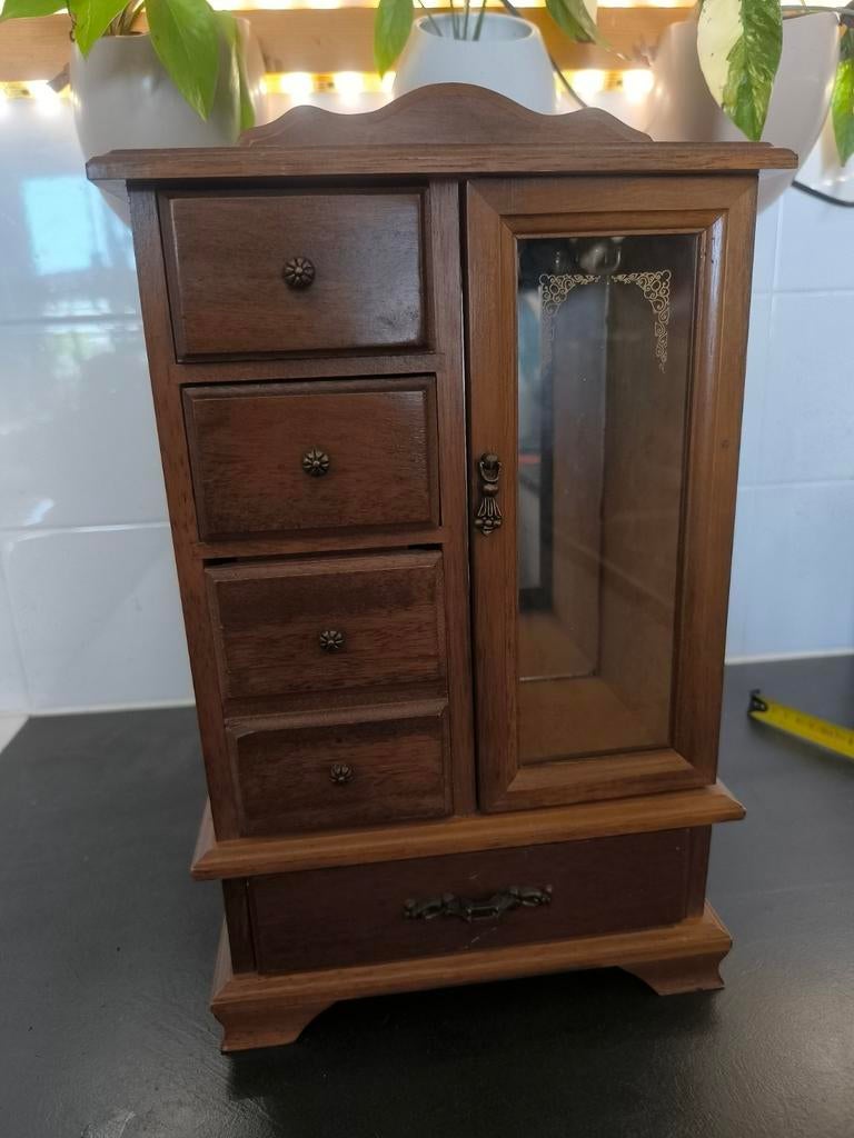 Houten sieradenkastje met lades en deurtje, Ophalen of Verzenden